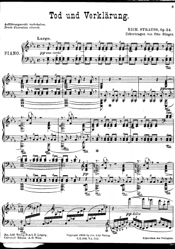 Strauss - Tod und Verklärung, Op. 24 - For Piano solo (Singer) - Score
