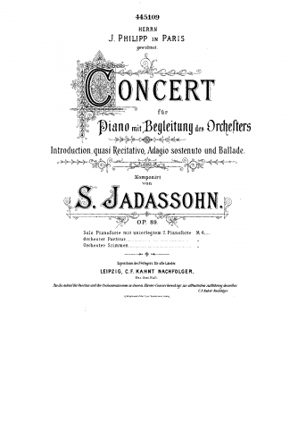 Jadassohn - Piano Concerto No. 1, Op. 89 - For 2 Pianos (Composer) - Score