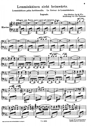 Sibelius - Lemminkäinen's Return - For Piano solo (Taubmann) - Score