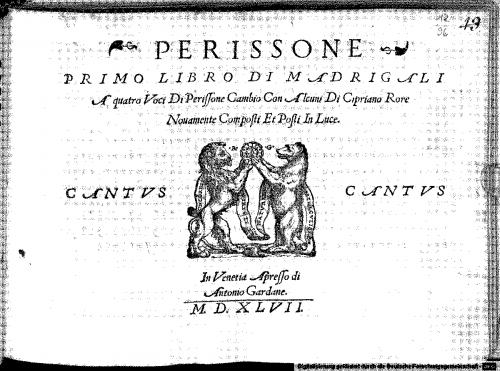 Cambio - Primo libro de madrigali a quatro voci di Perissone Cambio con alcuni di Ciprano de Rore
