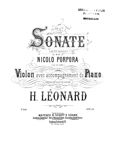 Porpora - Violin Sonata in D minor - For Violin and Piano (Léonard) - Score
