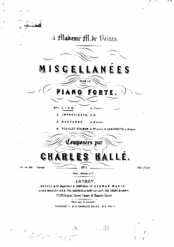 Hallé - Miscellanées, Op. 5 - 1. Lied2. Improvisata