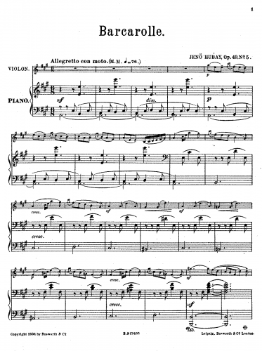 Hubay - Mosaïque - Scores and Parts No. 5. Barcarolle - Piano score and Violin part