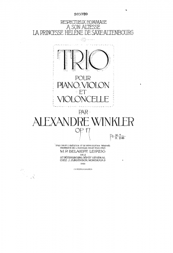Winkler - Piano Trio, Op. 17 - Piano Score
