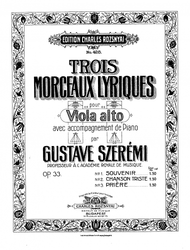 Szerémi - 3 Morceaux Lyriques - Scores and Parts No. 1 Souvenir - Piano score and Viola part