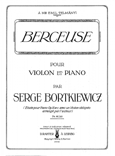 Bortkiewicz - 10 Etudes - No. 4 in A For Violin and Piano (Composer) - Piano Score