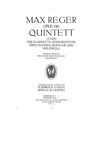Reger - Clarinet Quintet, Op. 146 - For Piano 4 hands (Haas) - Score