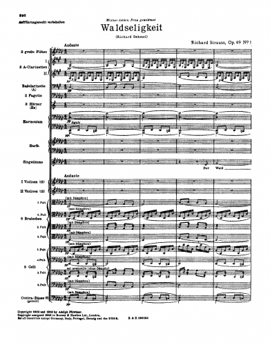 Strauss - Acht Lieder - Waldseligkeit (No. 1) For Voice and Orchestra - Full Score