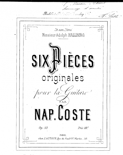 Coste - 6 Pièces Originales pour la Guitare, Op. 53 - Score
