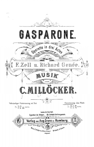 Millöcker - Gasparone - Complete Operetta For Piano solo - Score