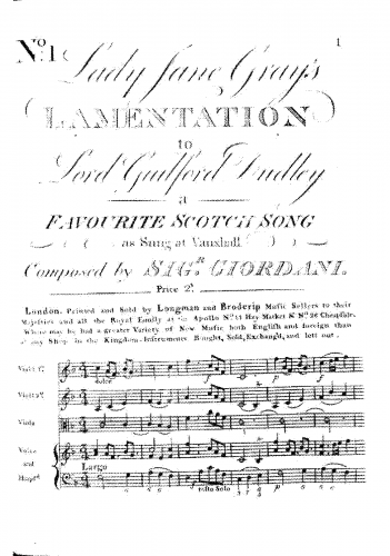 Giordani - Lady Jane Grey's Lamentation to Lord Guilford Dudley - A Favourite Scotch Song as Sung at Vauxhall - Score