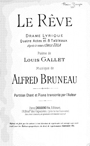 Bruneau - Le rêve - Vocal Score - Score