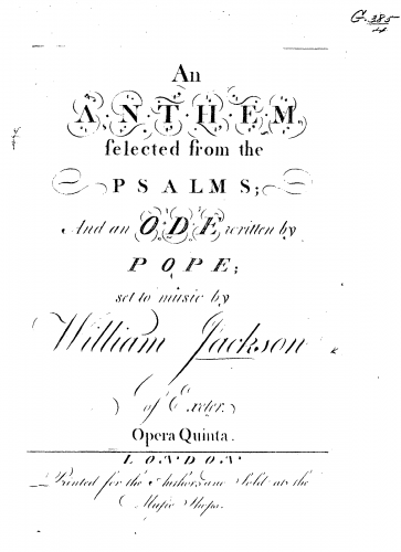 Jackson - An Anthem selected from the Psalms; And an Ode written by Pope - Score