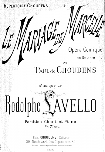Lavello - Le mariage de Marcelle - Vocal Score - Score