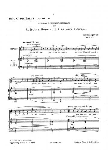 Rhené-Baton - 2 Prières du soir, Op. 27 - Score