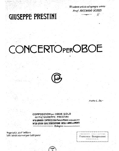 Prestini - Concerto per oboe - For Oboe and Piano - Oboe part and piano reduction
