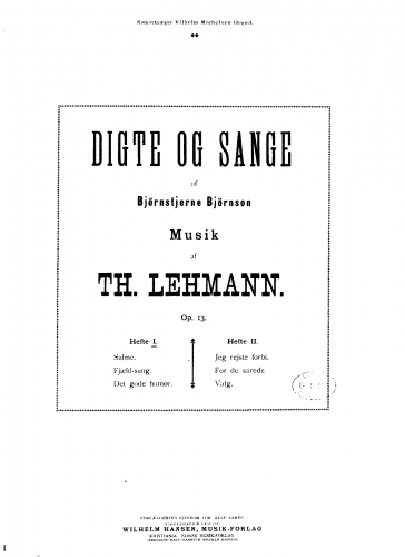 Lehmann - Digte og Sange af Björnstjerne Björnson - Score