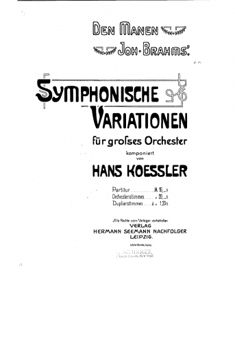 Koessler - Symphonische Variationen für groÃes Orchester - Score