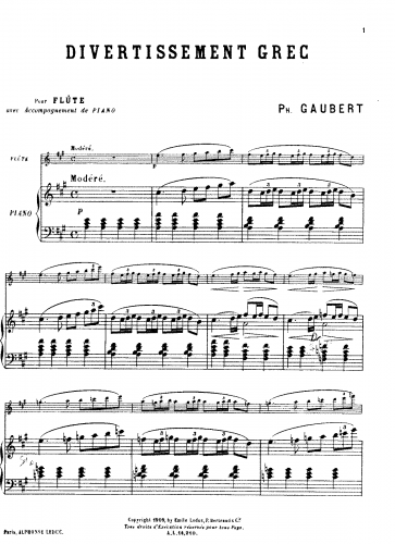 Gaubert - Divertissement grec - For Flute and Piano (Composer) - Score