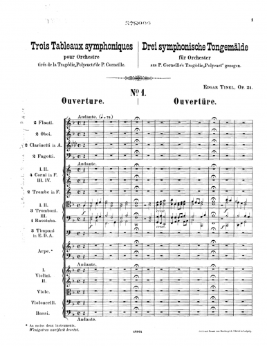 Tinel - 3 Symphonic Tableaux after Polyeucte, Op. 21 - Orchestral Score