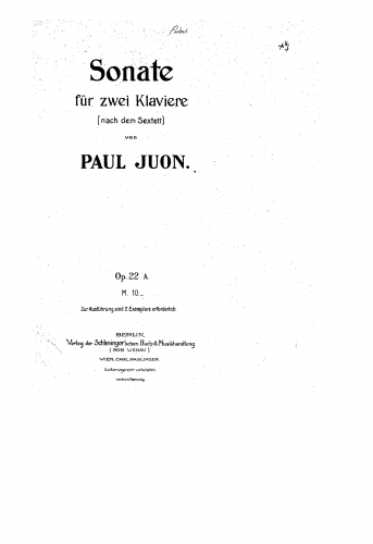 Juon - Sextet for 2 violins, viola, 2 cellos, and piano Op. 22 in C minor - For 2 Pianos - Score (Op. 22a)