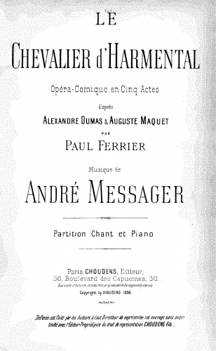 Messager - Le chevalier d'Harmental - Vocal Score - Score