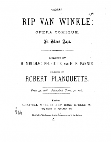 Planquette - Rip van Winkle - Vocal Score - Score