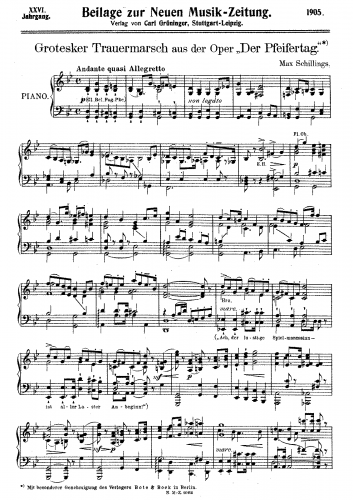 Schillings - Der Pfeifertag, Op. 10 - Grotesker Trauermarsch For Piano solo - Score