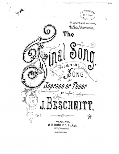 Beschnitt - Das letzte Lied - For Soprano or Tenor and Piano (composer?) - Score