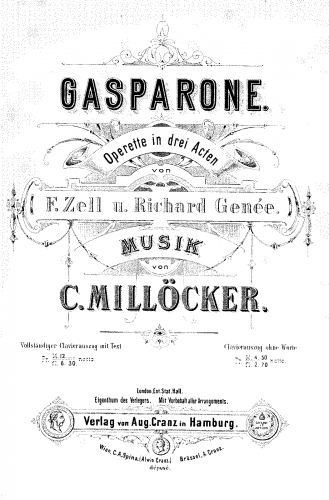 Millöcker - Gasparone - Vocal Score - Score