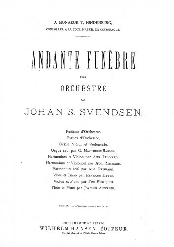 Svendsen - Andante Funebre - For Flute and Piano (Andersen) - Score