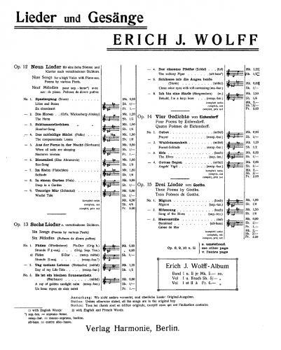 Wolff - 9 Lieder, Op. 12 - Score