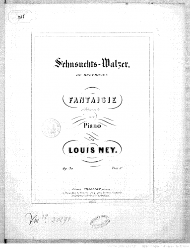 Mey - Sehnsuchts-Walzer, de Beethoven, fantaisie élégante pour piano - Score