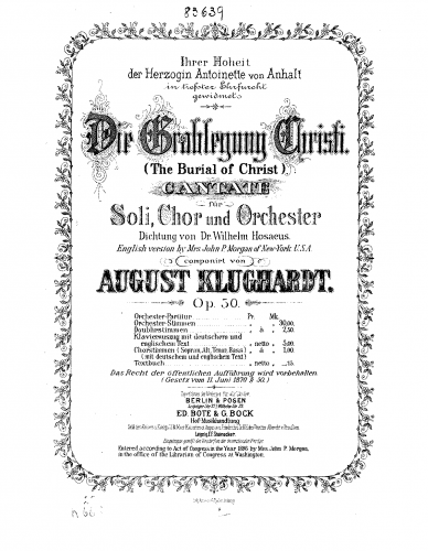 Klughardt - Die Grablegung Christi - Vocal Score - Score