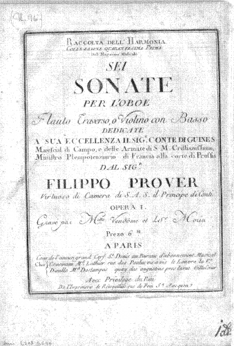 Prover - 6 Sonate per l'Oboe, Flauto Traverso, o Violino con Basso - Score