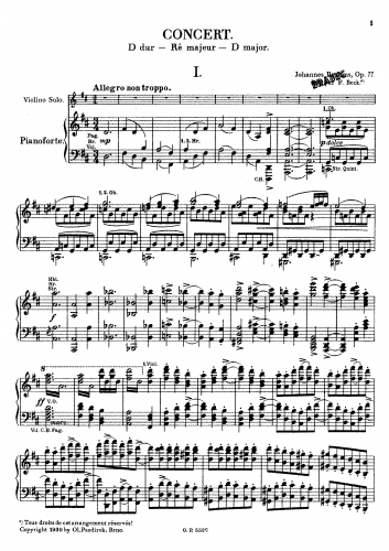 Sev?ík - Analytical Studies for Brahms' Violin Concerto - Scores and Parts - Piano score for Brahms' Violin Concerto