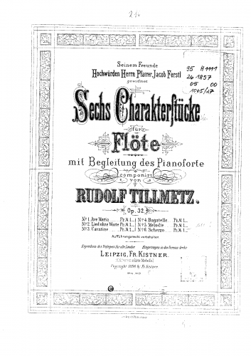 Tillmetz - 6 Charakterstücke, Op. 32 - No. 1-5: Flute and Piano Score
