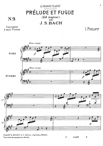 Bach - Prelude and Fugue in A major, BWV 536 - For 2 Pianos (Philipp) - Score