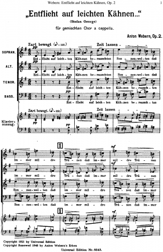 Webern - Entflieht auf leichten Kähnen, Op. 2 - SATB choir a capella Complete Work German - Score