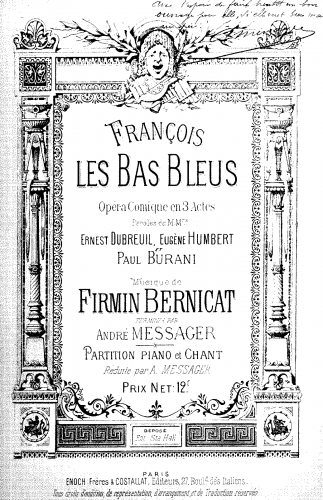 Bernicat - François les Bas-Bleus - Vocal Score - Score