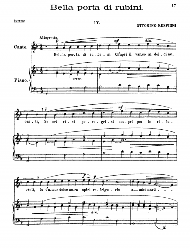 Respighi - 5 Canti all'antica - Individual Transcriptions 4. Bella porta di rubini - Score