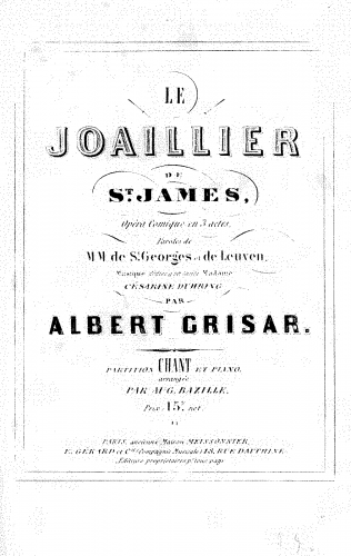 Grisar - Le joaillier de Saint-James - Vocal Score - Score