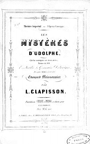 Clapisson - Les mystères d'Udolphe - Vocal Score - Score