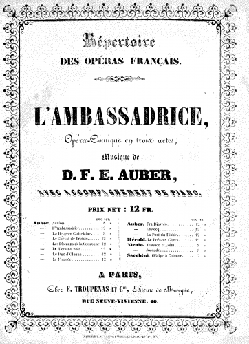Auber - L'ambassadrice - Vocal Score - Score