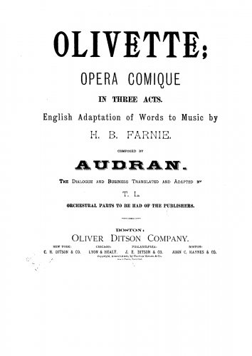 Audran - Les noces d'Olivette - Vocal Score - Score