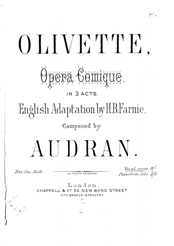 Audran - Les noces d'Olivette - Vocal Score - Score