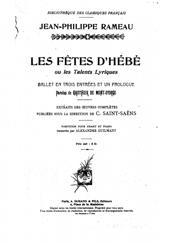 Rameau - Les Fêtes d'Hébé ou les Talents Lyriques, Ballet - Vocal Score - Score