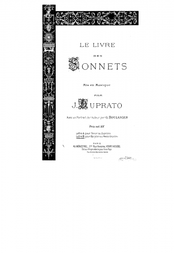 Duprato - Le livre des sonnets - Voice and Piano Complete Collection For Mezzo-soprano or Baritone and Piano - Score