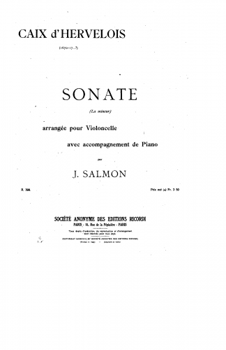 Caix d'Hervelois - Sonata in A minor - For Cello and Piano (Salmon)