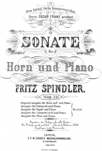 Spindler - Sonata for Horn and Piano, Op. 317 - Piano Score, Horn Part